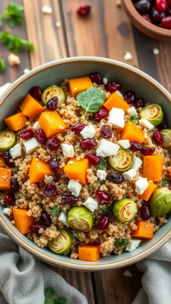 A bowl of quinoa winter salad with roasted vegetables, cranberries, and feta on a rustic wooden table.